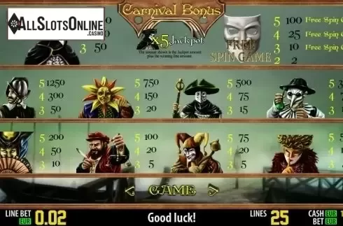 Paytable 1. Carnival Bonus HD from World Match