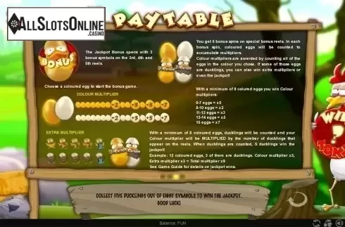 Paytable 3. Cluck Bucks from Espresso Games