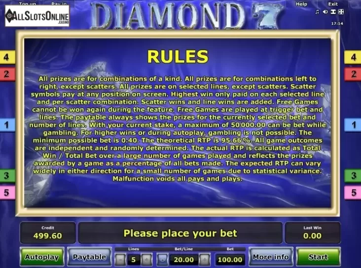 Paytable 2. Diamond 7 from Greentube