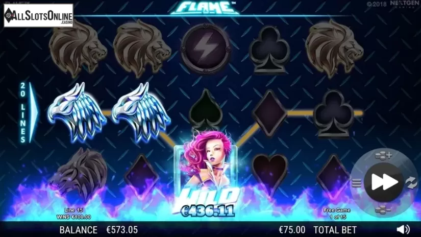 Wild Win Free Spins Reel screen. Flame from NextGen