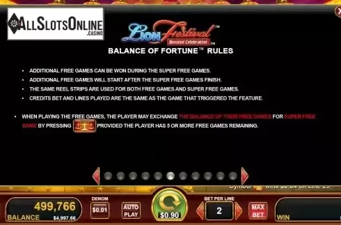 Additional Free Games screen
