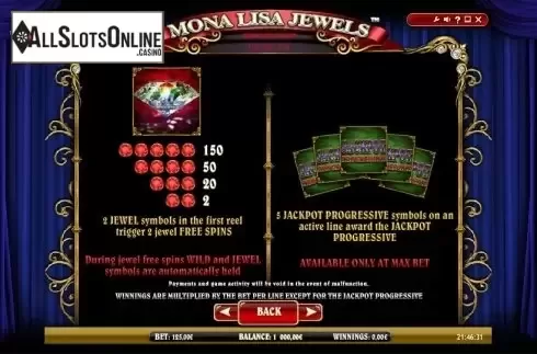 Paytable 1. Mona Lisa Jewels from iSoftBet
