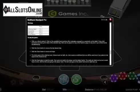 Paytable screen