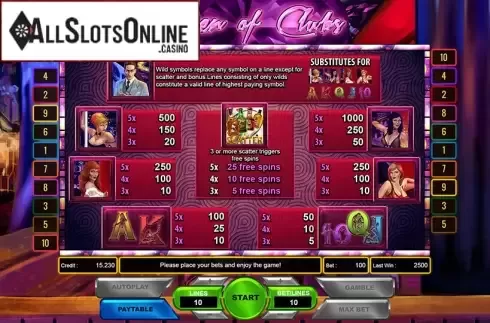 Paytable. Queen of Clubs from Platin Gaming