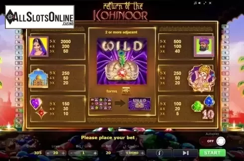 Paytable. Return of the Kohinoor from Five Men Games