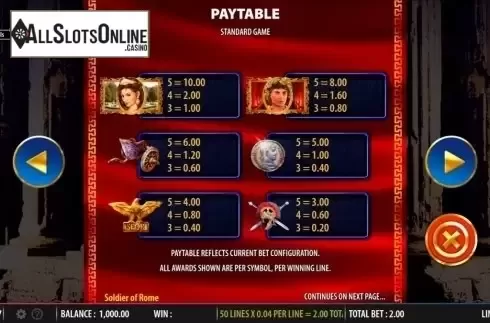 Paytable. Soldier of Rome from Barcrest