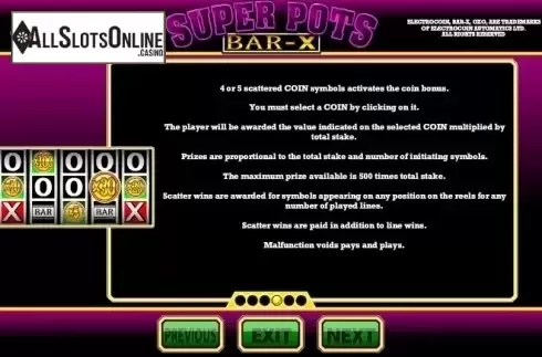 Paytable 4. Super Pots Bar-X from Betdigital