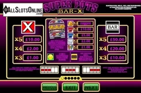 Paytable 1. Super Pots Bar-X from Betdigital