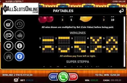 Paylines screen