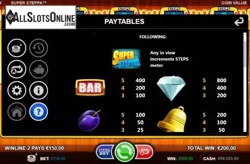 Paytable screen
