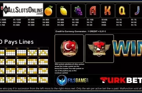 Paytable, paylines and features screen